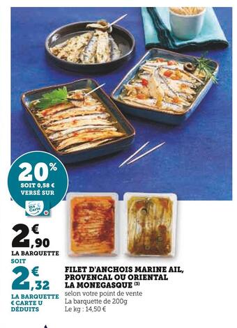 U Express La monegasque filet d'anchois marine ail, provencal ou oriental offre