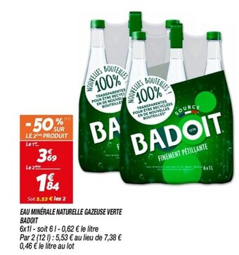 Netto EAU MINÉRALE NATURELLE GAZEUSE VERTE BADOIT offre