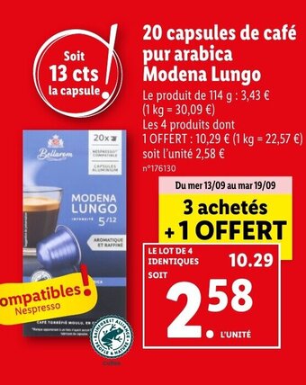20 capsules de café pur arabica Modena Lungo