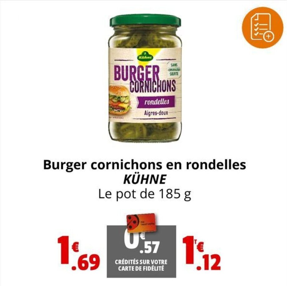 Promo Burger cornichons en rondelles KÜHNE chez Coccinelle Supermarché