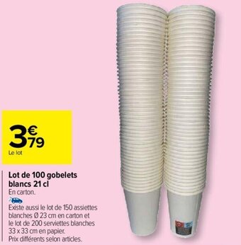 Carrefour Market Lot de 100 gobelets blancs 21 cl En carton. offre