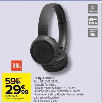 Carrefour Market Casque sans fil Réf.: JBLT570BTBLKEU offre