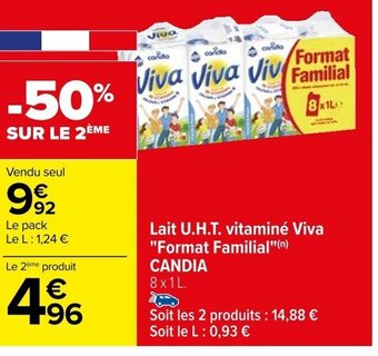 Carrefour Lait U.H.T. vitaminé Viva "Format Familial"(n) CANDIA offre