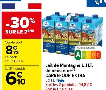 Carrefour Lait de Montagne U.H.T. demi-écrémé(n) CARREFOUR EXTRA 8x1L. offre