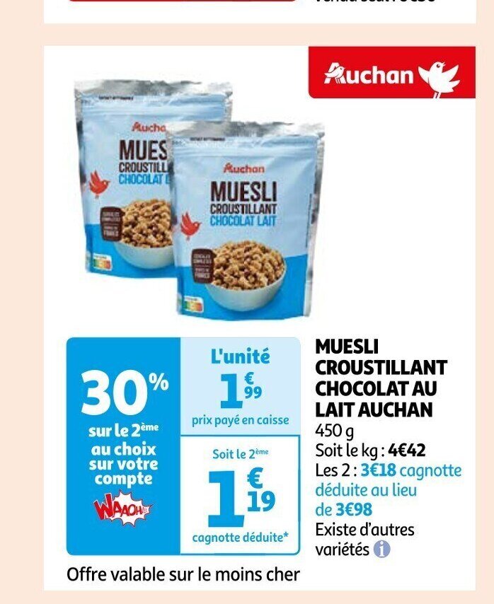 Promo MUESLI CROUSTILLANT CHOCOLAT AU LAIT AUCHAN chez Auchan