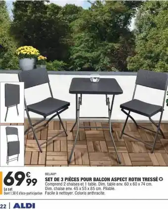 ALDI Set De 3 Pièces Pour Balcon Aspect Rotin Tressé Belavi offre
