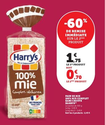 Super U PAIN DE MIE 100% MIE COMPLET SANS CROUTE HARRYS offre