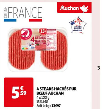 Auchan 4 STEAKS HACHÉS PUR BŒUF AUCHAN offre