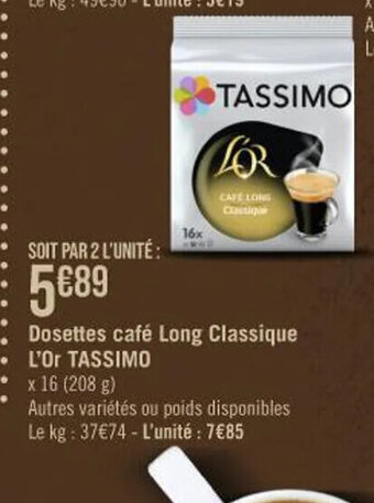 Dosettes café Long Classique L'Or TASSIMO