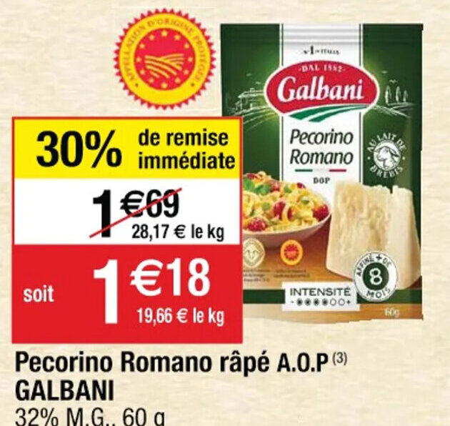 Promo Pecorino Romano râpé A.O.P (³) GALBANI 32 M.G., 60 g chez Cora