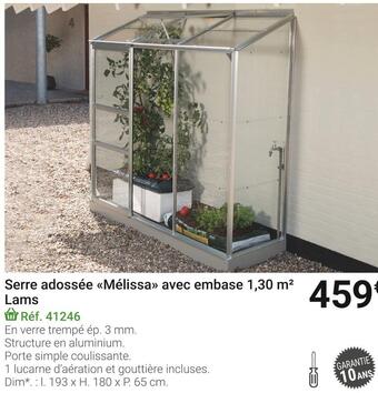Gamm vert Lams serre adossée mélissa avec embase 1,30 m² offre