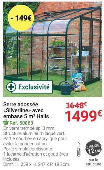 Gamm vert Halls serre adossée silverline avec embase 5 m² offre