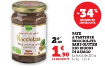 Hyper U PATE A TARTINER NOCCIOLATA SANS GLUTEN BIO RIGONI offre