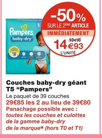 Monoprix Pampers couches baby-dry géant t5 offre