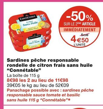 Monoprix Connétable sardines pêche responsable rondelle de citron frais sans huile offre