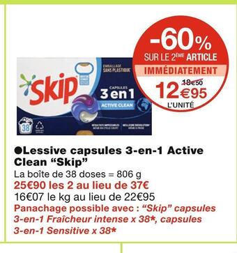 Monoprix Skip lessive capsules 3-en-1 active clean offre