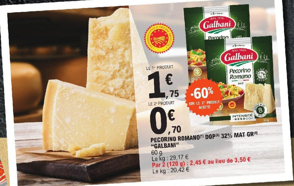 Promo PECORINO ROMANO(¹) DOP) 32 MAT GR(4) "GALBANI" chez E.Leclerc