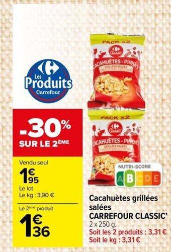 Carrefour City Cacahuètes grillées salées CARREFOUR CLASSIC' 2 x 250 g. offre