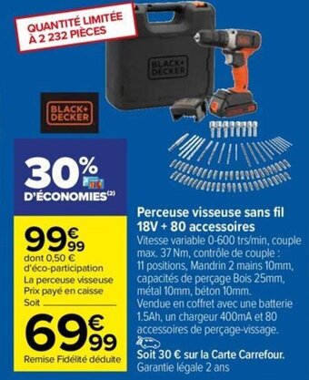 Carrefour Drive Perceuse visseuse sans fil 18V + 80 accessoires offre