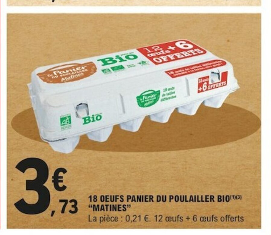 Promo 18 Oeufs Panier Du Poulailler Bio chez E.Leclerc