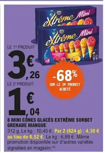 E.Leclerc 8 Mini Cones Glacès Extrème Sorbet Grenade Mangue offre