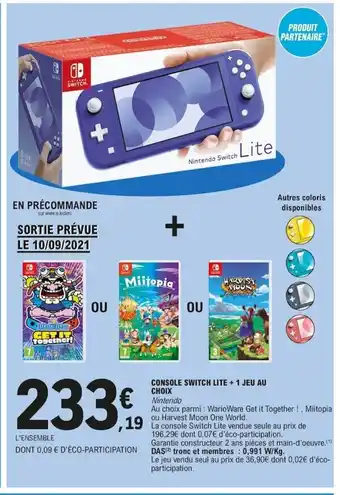 E.Leclerc Console Switch Lite + 1 Jeau Au Choix offre