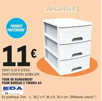 E.Leclerc Tour de rangement pour bureau 3 Tiroirs A4 offre
