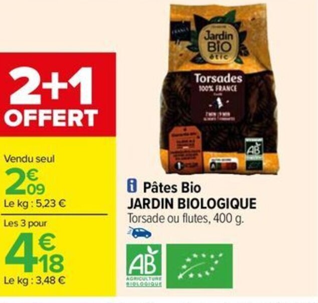 Promo i Pâtes Bio JARDIN BIOLOGIQUE chez Carrefour Drive