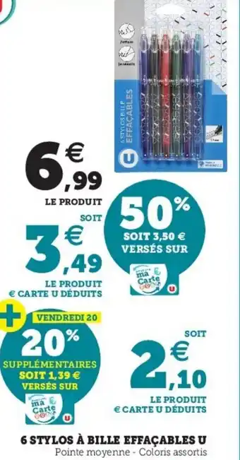 6 Stylos à bille effaçables u
