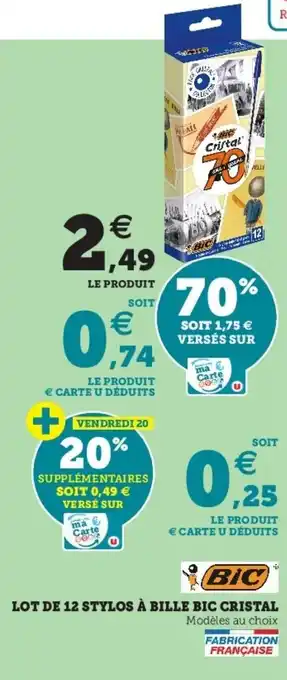 Super U Lot de 12 stylos à bille bic cristal offre