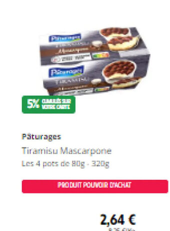 Intermarché Pâturages Tiramisu Mascarpone Les 4 pots de 80g - 320g offre