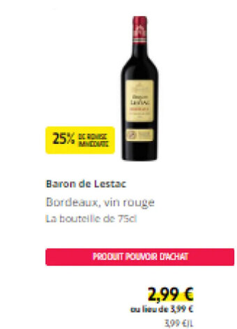 Intermarché Baron de Lestac Bordeaux, vin rouge offre