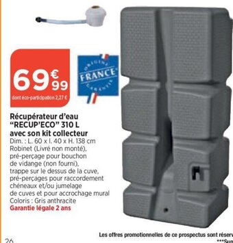 Récupérateur d'eau RECUP'ECO310 L avec son kit collecteur