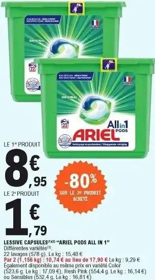 E.Leclerc Lessive Capsules Ariel Pods All In 1 offre