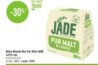 Casino Supermarchés Bière Blonde Bio Pur Malt JADE 4,5% vol. offre