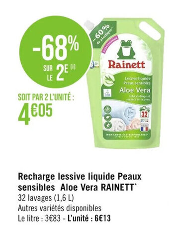 Casino Supermarchés Recharge lessive liquide Peaux sensibles Aloe Vera RAINETT offre