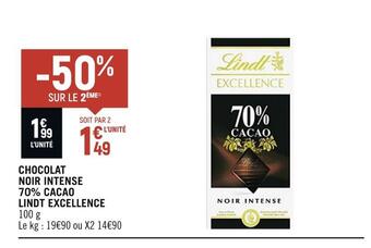 Spar Lindt chocolat noir intense 70% cacao excellence offre