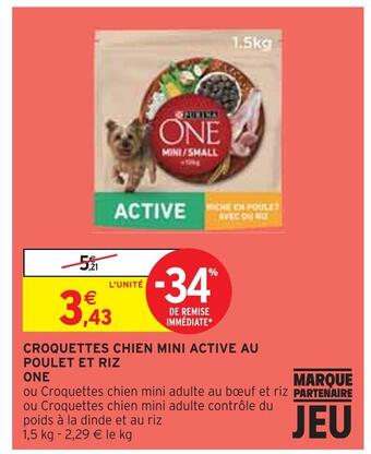 Intermarché One croquettes chien mini active au poulet et riz offre