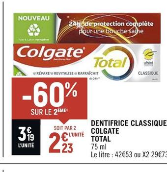Spar Colgate dentifrice classique total offre