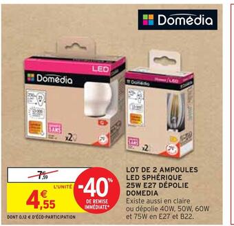 Intermarché Domedia lot de 2 ampoules led sphérique 25w e27 dépolie offre