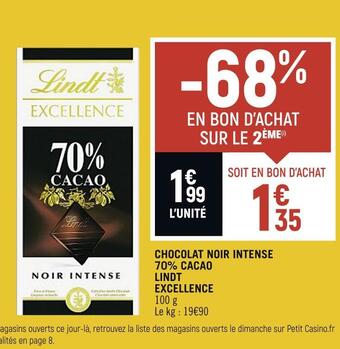 Petit Casino Lindt excellence chocolat noir intense 70% cacao offre