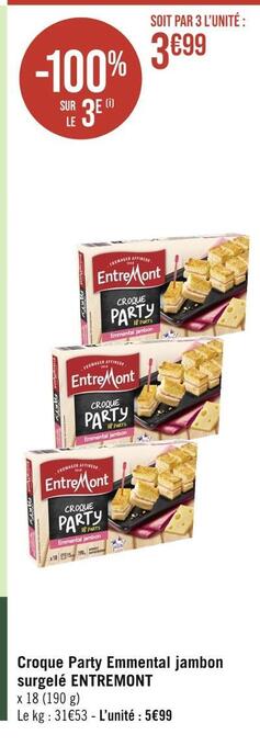 Casino Hyperfrais Entremont croque party emmental jambon surgelé offre