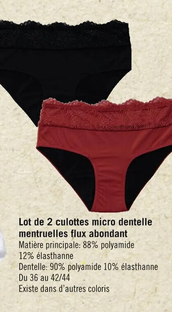 Casino Supermarchés Lot de 2 culottes micro dentelle mentruelles flux abondant offre