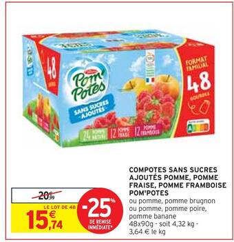Intermarché Pom'potes compotes sans sucres ajoutés pomme, pomme fraise, pomme framboise offre