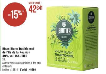 Isautier rhum blanc traditionnel de l’ile de la réunion 49% vol
