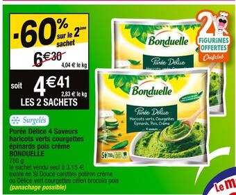 Cora x Carrefour Bonduelle purée délice 4 saveurs haricots verts courgettes épinards pois crème offre