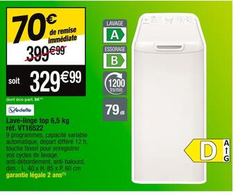 Cora x Carrefour Vedette lave-linge top 6,5 kg réf. vt16522 offre