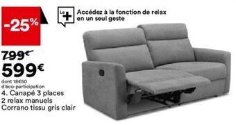 BUT Canapé 3 places 2 relax manuels Corrano tissu gris clair offre