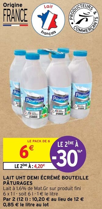Intermarché Express LAIT UHT DEMI ÉCRÉMÉ BOUTEILLE PÂTURAGES offre