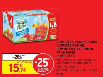 Intermarché Express COMPOTES SANS SUCRES AJOUTÉS POMME, POMME FRAISE, POMME FRAMBOISE POM'POTES offre